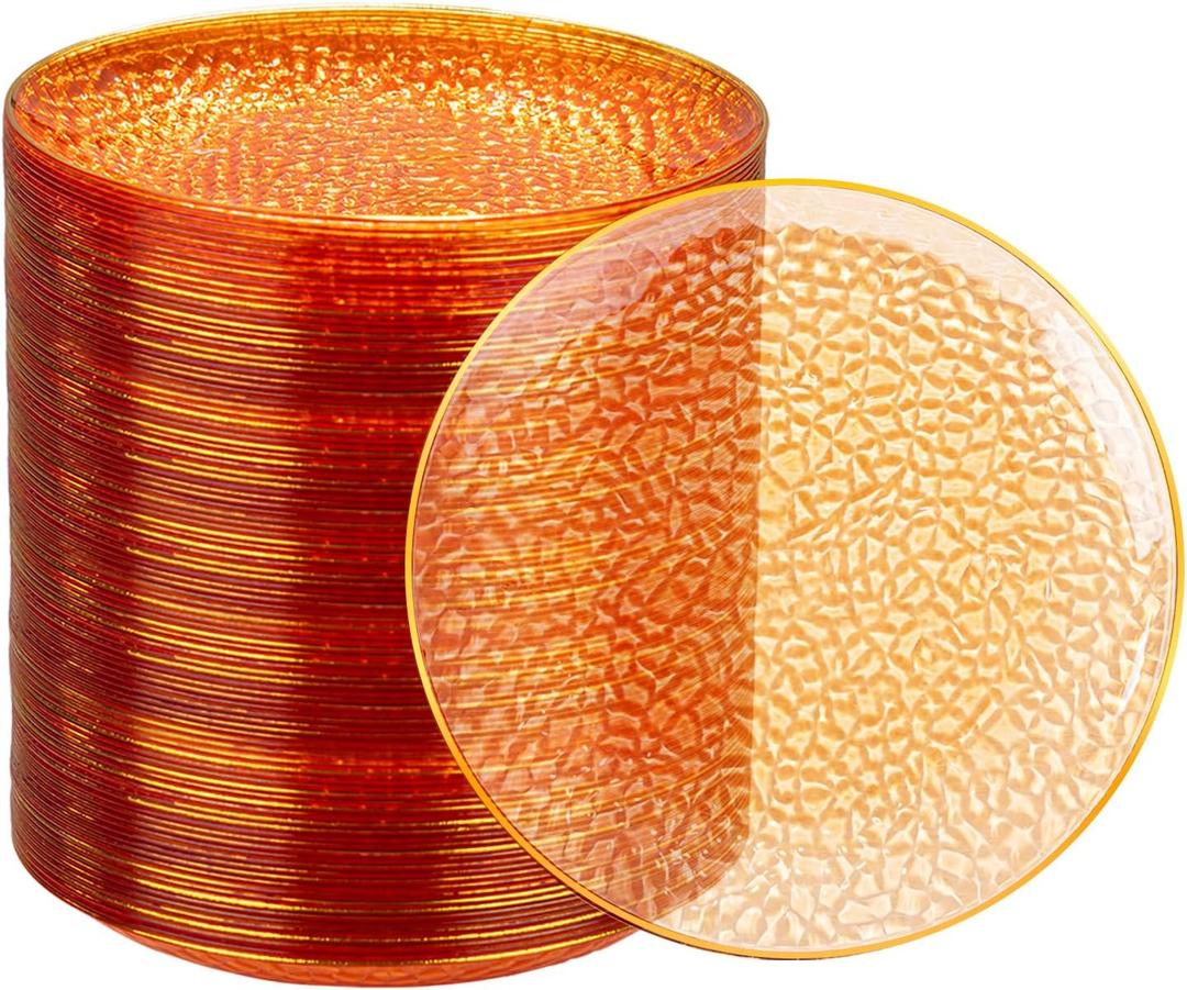 Rubtlamp 100Pcs Orange Gold Plastic Dessert Plates, 6Inch Small Hammered GoId Disposable Cake Plates, Hard Appetizer Plates, Fancy Plastic Plates for Party Wedding Teatime