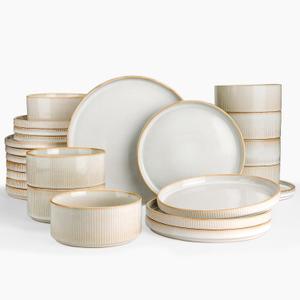 Famiware Star Plates and Bowls Sets, Modern Stoneware Dinnerware Sets for 8, 24-Piece Kitchen Dish Set - Microwave and Dishwasher Safe, Chip and Scratch Resistant, Cappuccino White Famiware Star Plates and Bowls Sets, Modern Stoneware Dinnerware Sets for 8, 24-Piece Kitchen Dish Set - Microwave and Dishwasher Safe, Chip and Scratch Resistant, Cappuccino White