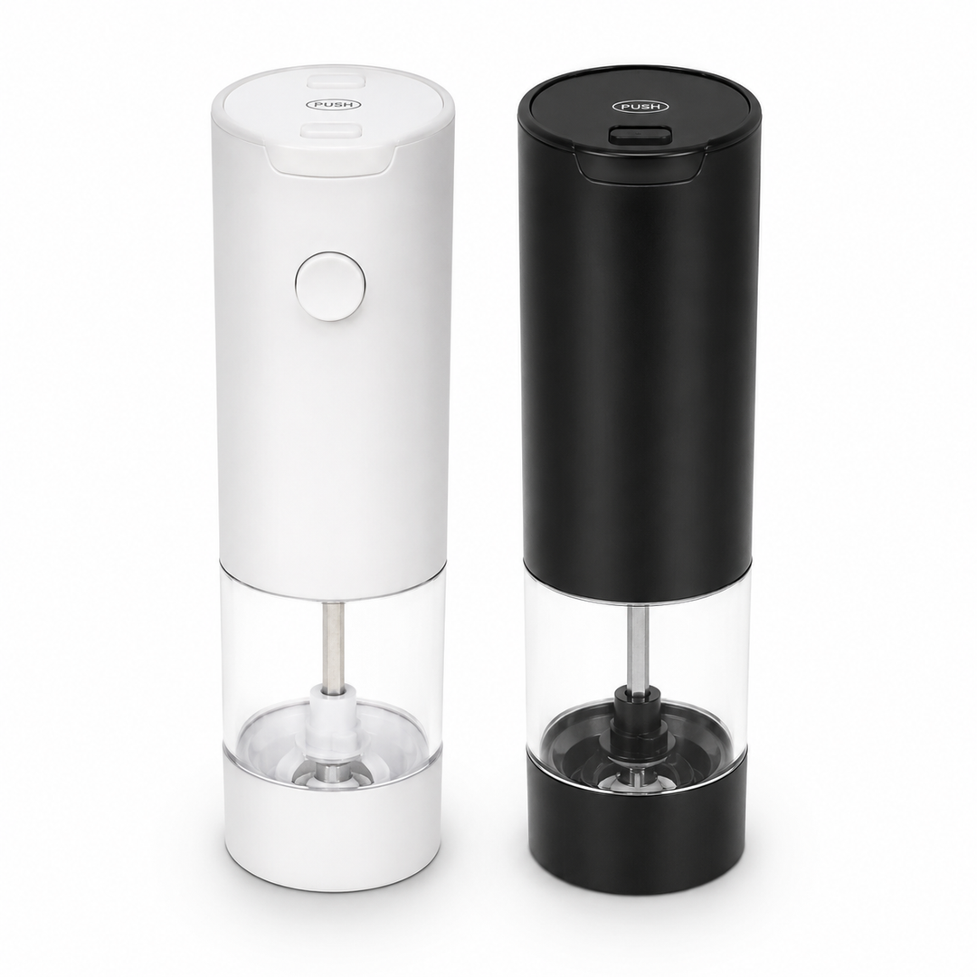 Electric Grinder Set Salt and Pepper, black and white, 
2.01"W x 7.8"H