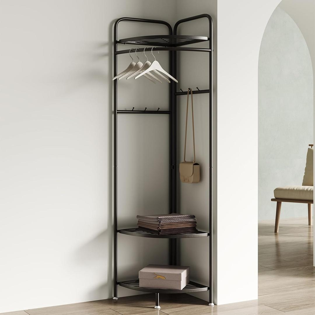 Corner Coat Rack, Corner Clothing Rack With 6 Hooks And Storage Shelf, Metal Clothes Rack Coat Stand For Entryway, Bedroom