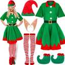 Hoosige 6 Pcs Women Christmas Elf Costume Set Costume Dress Xmas Festive Outfit with Elf Ears Hat Shoes Belt Striped Socks (XX-Large)