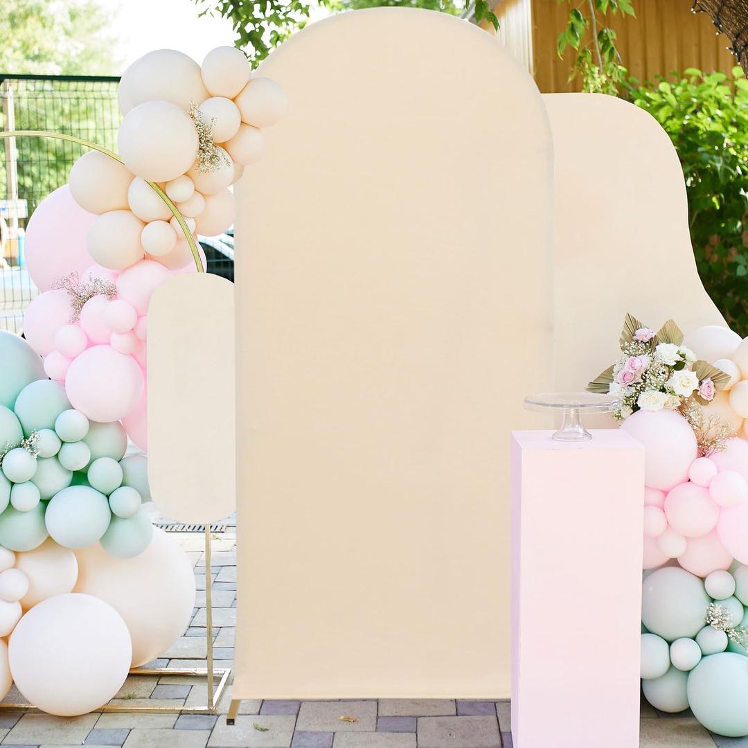 FUHSY 7.2FT Arch Stand Cover Beige Fitted Wedding Arch Backdrop Cover Balloon Chiara Arched Backdrop Panels for Birthday Party Round Top Frame Stand Covers Spandex for Birthday Party Decoration