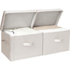 StorageWorks Fabric Storage Bins with Lid, Decorative Storage Boxes for Shelves, Stackable Closet Organizer Basket with Handles, Large, Khaki and Beige Stripes, 2-Pack
