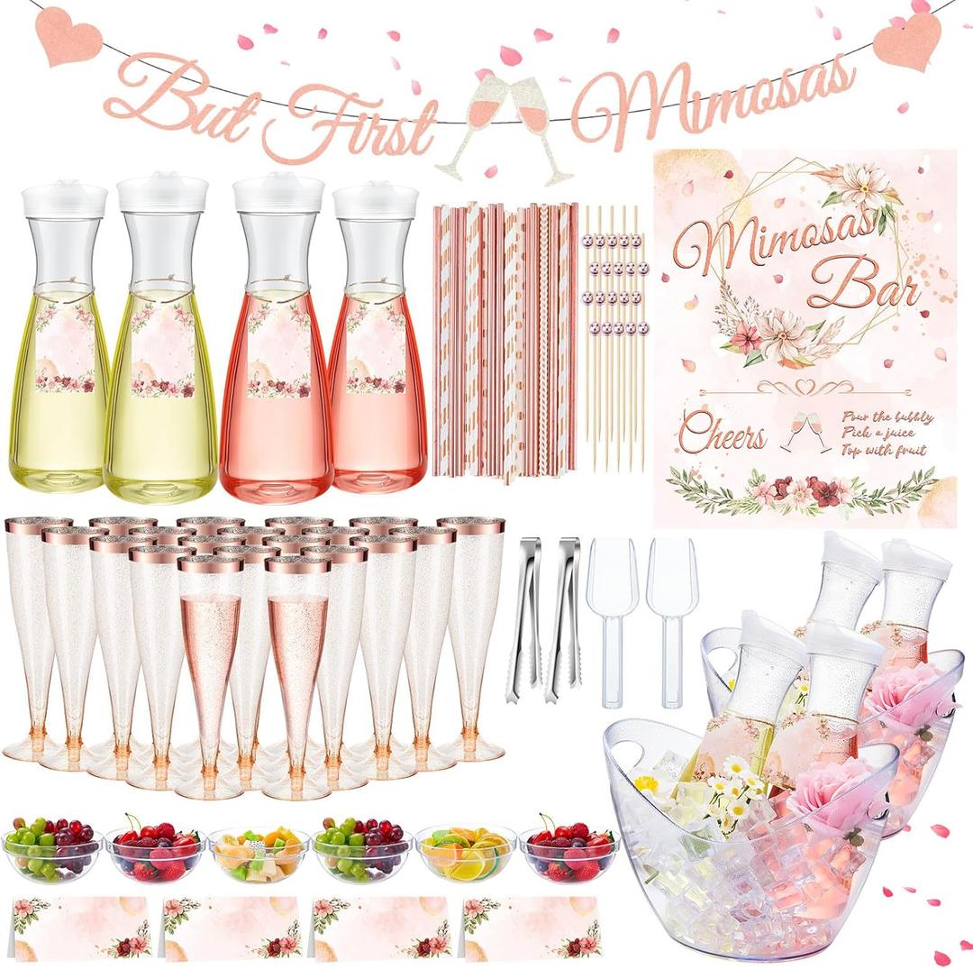 Pickmesh 237 Pcs Mimosa Bar Supplies Include 2 Acrylic Beverage Tub 4 Plastic Carafe with Lid 6 Bowl 20 Disposable Champagne Flute 100 Paper Drinking Straws 100 Cocktail Picks But First Mimosas Banner