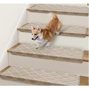 Bullnose Carpet Stair Treads for Wooden Steps Indoor 9.5" x 32"
14 Pcs Stair Runner Rugs Non Slip with Rounded Edge Protection, Reusable Peel-Stick TPU Backing - Diamond Pattern Beige Grey