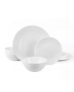 Dinnerware Sets for 4, Light & Durable 12 Pieces Opal Glass Plates and Bowls Set, Dishwasher and Microwave Safe Ribbed Dish Dinning Ware, Thin but Strong Geometric Faceted White