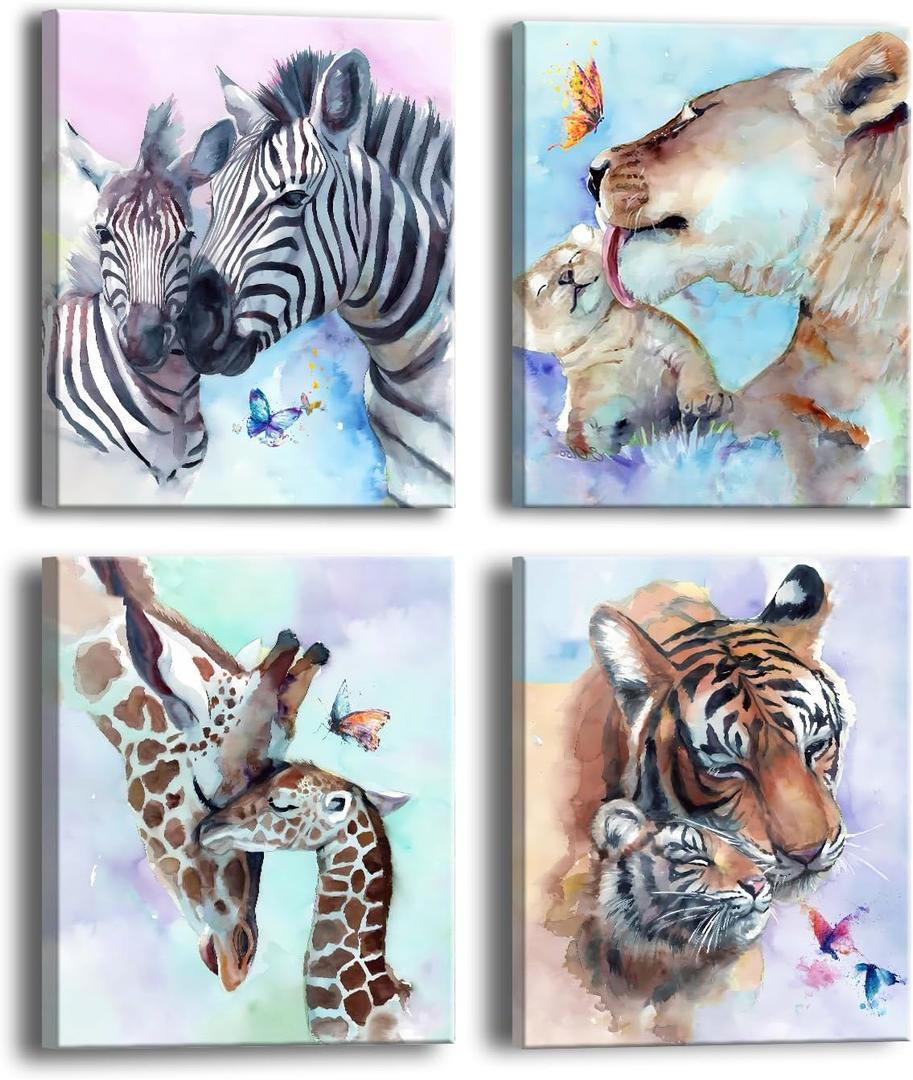 Nursery Wall Art: Framed Baby Animal & Mom Watercolor Prints (6pcs, 8"x10")