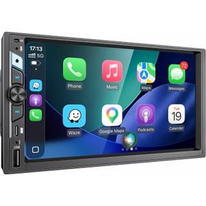 7 Inch Double Din Car Stereo with Wireless Apple CarPlay & Android Auto, HD Touchscreen Car FM Radio with Bluetooth Handsfree, Wireless Mirror Link, Airplay, USB-C Fast Charge, 12LED Backup Camera