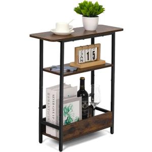 Tedheve Narrow Side Table for Small Spaces, 3-Tier Small End Table with Storage Shelf and Magazine Holder, Slim and Skinny Nightstand for Bedroom, Living Room Sofa Table for Space Saving, Brown
