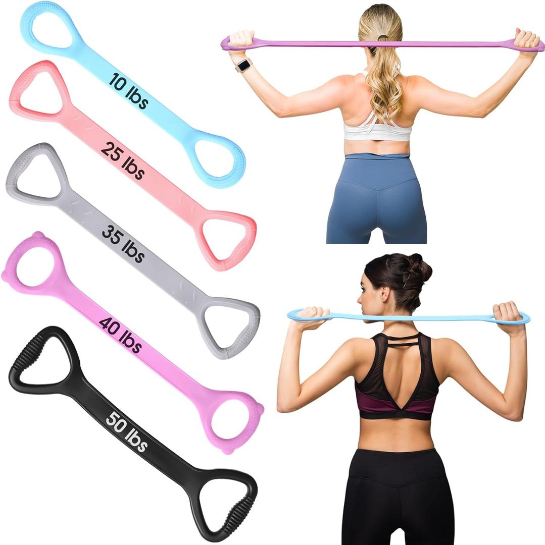 Soulchen 5 Pack Figure 8 Fitness Resistance Bands Elastic Bands(10 Lbs-25 Lbs-35 Lbs-40 Lbs-50 Lbs) for Arm, Back, Chest and Shoulder, Yoga, Pilates, Stretching, Workout for Women Men (Color Scheme 1)