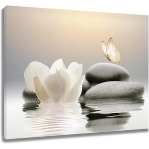 EOBTAIN Zen White Flower Canvas Wall Art Floral and Butterfly on Stone Modern Framed Picture Yoga Spa Spiritual Painting Artwork Print Decor for Bathroom Bedroom Living Room 24x16 Inches