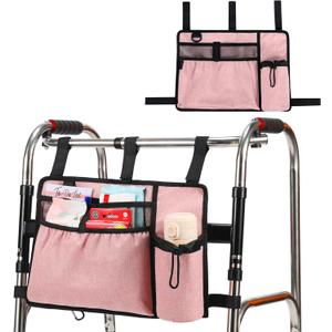 Walker Bags for Folding Walker Accessories Seniors Pouch Cup Holder Carry Organizer Storage Drive with Pockets Velcor Detachable -Pink