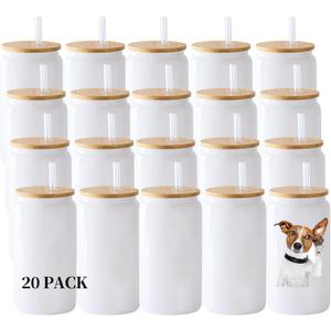YOUKE OLA 20 Pack Sublimation Blank White Glass Cans Sublimation Beer Glass Cups with Bamboo Lids Borosilicate Glasses Tumbler Mason Jar Cups Mug with Straw for Beer, Juice, Drinks 16oz White
