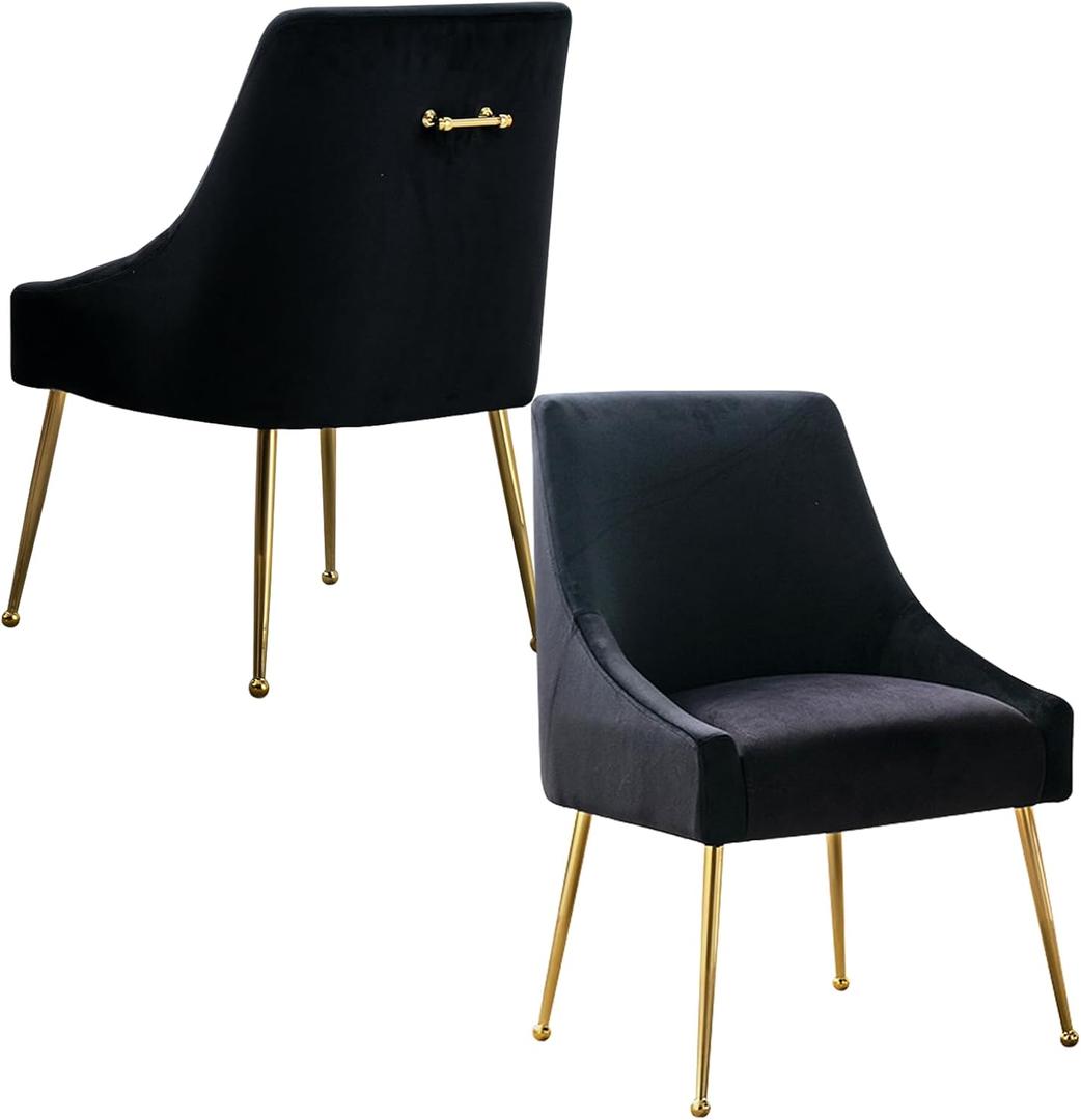 Mid-Century Modern Velvet Dining Chairs Set of 2, Upholstered Accent Chair with Gold Handle and Polished Metal Legs for Dining Room Living Room Bedroom, Black