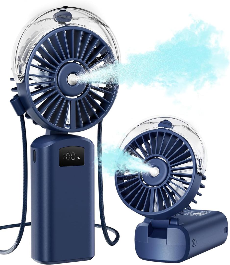 Gaiatop Portable Misting Fan, 180 Foldable Handheld, 3 Speeds USB Rechargeable, Spray Water Mist with LED Digital Display, Personal Cooling Mini Hand Fans for Travel, Concert, Outdoor, Navy Blue