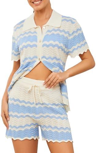 Moreone 2 Piece Lounge Set Women Short Sleeve Striped Crochet Knit Sets Two Piece Button Up Pajamas with Drawstring Shorts, L