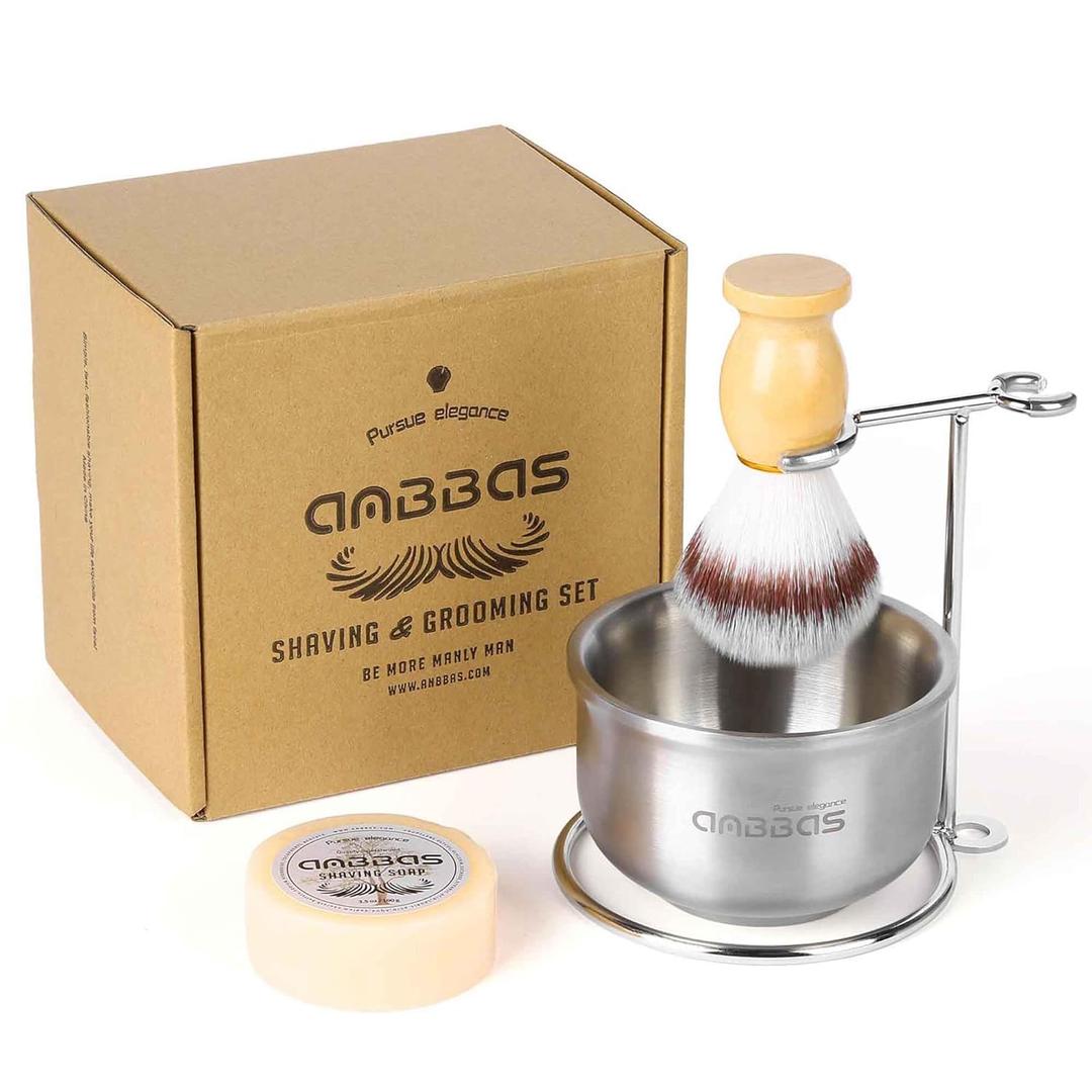 Anbbas Faux Badger Shaving Brush,Stainless Steel Shaving Razor and Brush Stand, Shaving Bowl and 100g Natural Soap Puck Refill,4in1 Wet Shave Kit for Men