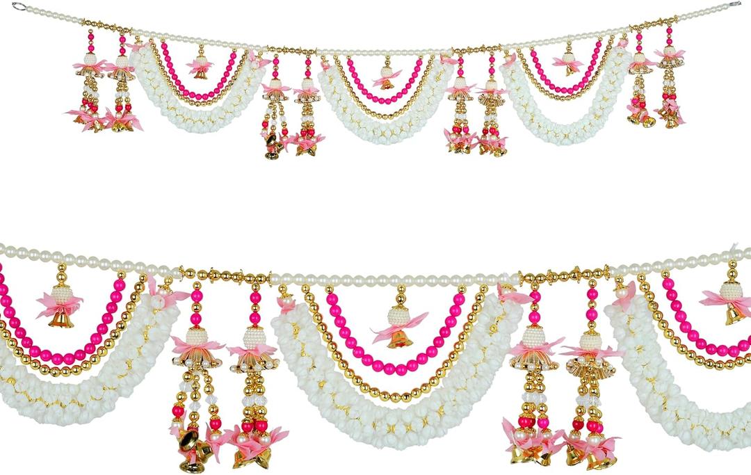 Artificial Toran Door Hanging Set with Mogra Flowers with Moti Garlands Toran Bandanwar for Wedding Entrance for Indian Traditional Festival Home Diwali Decorations (Size:- 42" X 6'')(Pink & White)