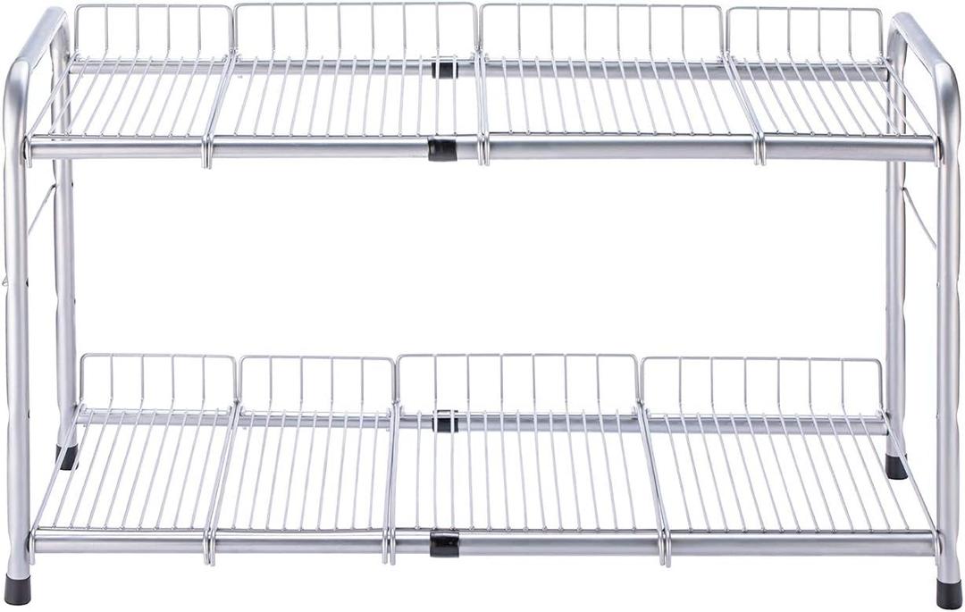 FlagShip 2 Tier Under Sink Organizers and Storage Rack Expandable Cabinet Shelf for Kitchen Bathroom Silver (17-25 inches)