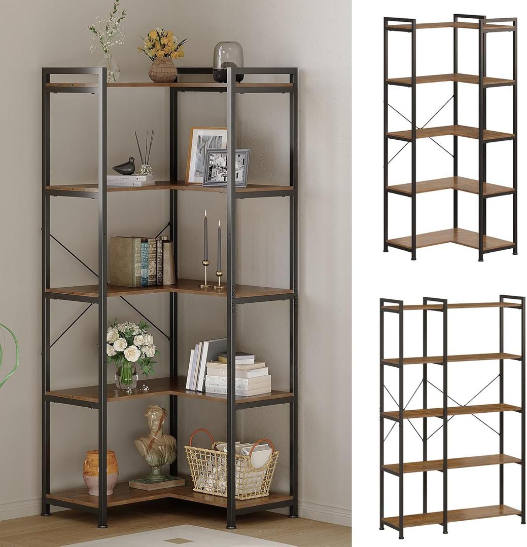 Tohomeor Bookshelf 5 Tier Deformable Corner Bookcase Free Standing Modern Industrial Book Storage Display Book Shelf for Bedroom Living Room Study Room Office (Brown)