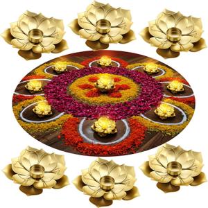 LemonRoad 6 Pcs Diwali Lotus Decoration Lotus Metal Candle Holder Diwali Tealight Candle Holder Artificial Flower Traditional Indian Decor for Puja Home Party Decor (7.1 Inch)