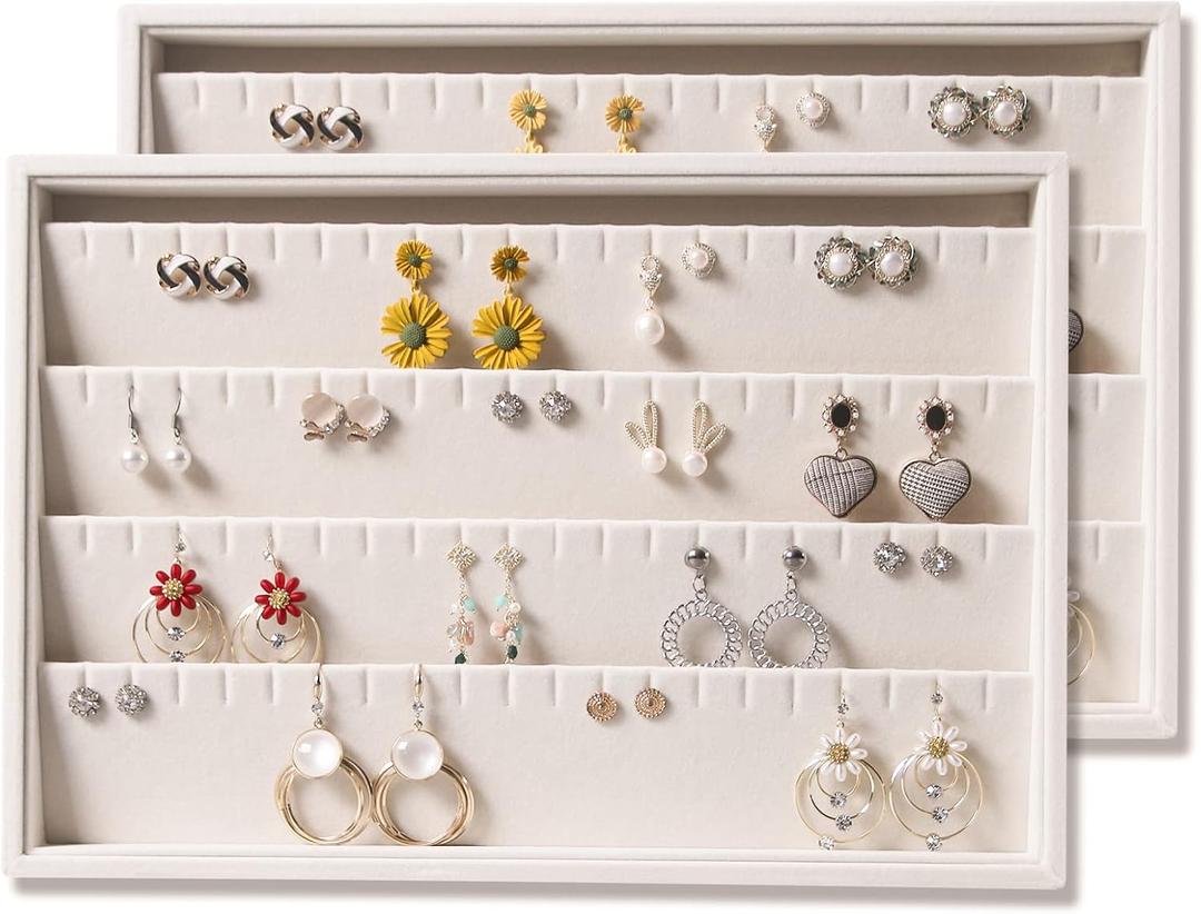 Coward 2PC Stackable Earring Tray Drawer Jewelry Holder Organizer Box Storage Earring Display Stand for Selling (beige(earring+earring))