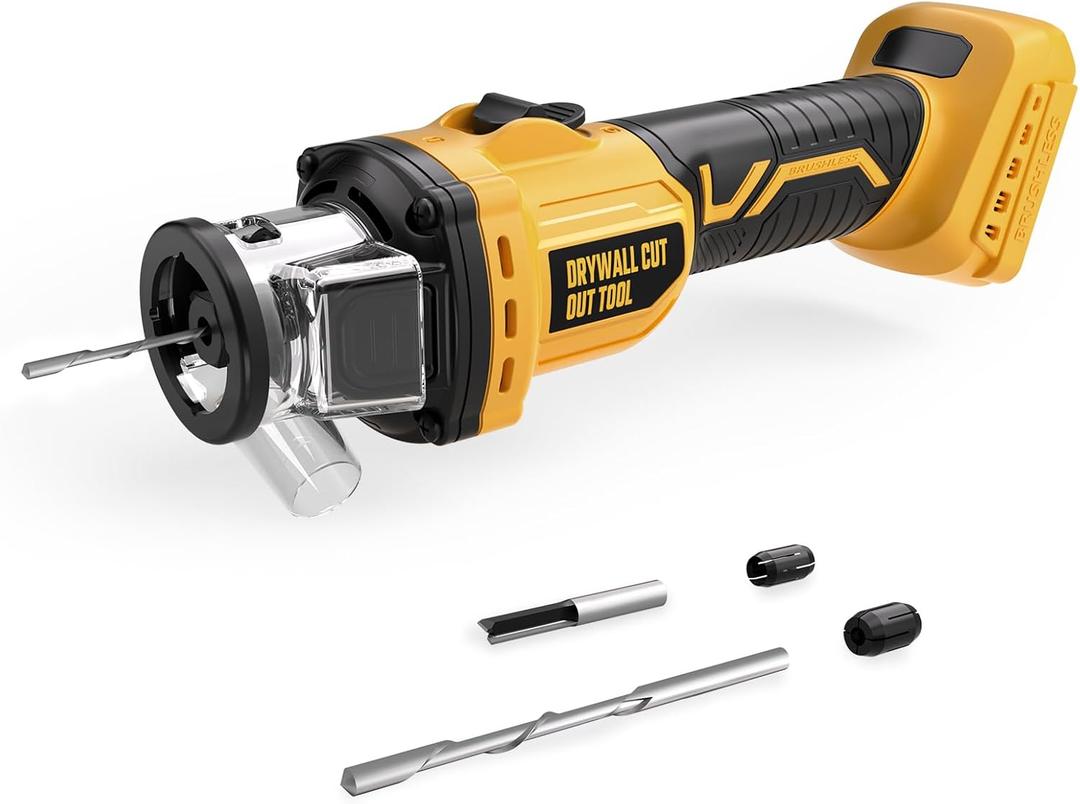 Cordless Drywall Cut-Out Tool for Dewalt 20V Battery, Brushless Rotary Saw, 30000 RPM, Adjustable Depth, Quick Bit Change, LED, Compact Spiral Saw for Cutting Wood Drywall, Sheetrock, Wood (Tool Only) (Yellow)