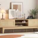 Boho TV Stand for 55 65 Inch TV, Rattan Entertainment Center with Shelves, Cabinets and Sliding Doors, TV Media Console Table with Solid Wood Feet & Cord Holes for Living Room, Bedroom, Natural (TVs up to 32"-65", Natural With Rattan)