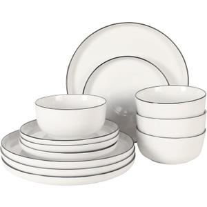 Gibson Home Oslo 12-Piece Porcelain Dinnerware Set – Dinner Plates, Salad Plates & Bowls, Classic White With Black Rim Everyday Dish Set for Home, Kitchen, Microwave & Dishwasher Safe