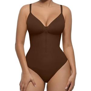 FeelinGirl Shapewear Bodysuit Tummy Control for Women Zip-Up Shapewear Thong Waist V Neck Body Shaper Going Out, Medium