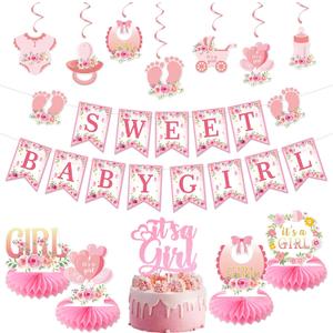 Vlipoeasn Floral Baby Shower Decorations for Girl, Pink Baby in Bloom Baby Shower Supplies, It's a Girl Cake Topper, Cute Honeycomb, Hanging Swirl Flag, Sweet Baby Girl Shower Decor