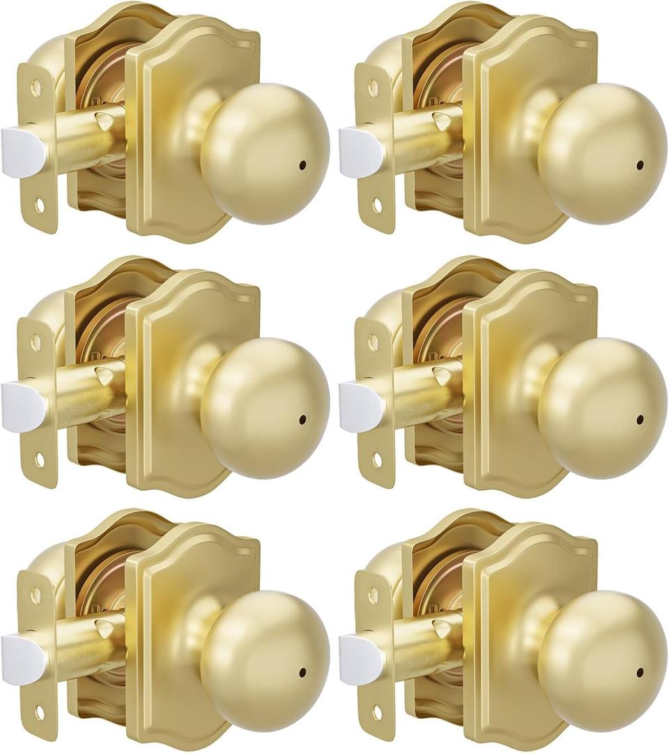 Goldenwarm 6 Pack Brushed Gold Privacy Door Knobs Interior for Bedroom & Bathroom, Classic Gold Interior Door Knobs