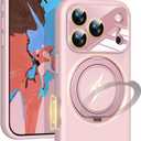 Silicone 360 Spin Magnetic Stand Case for iPhone 17 Pro, [Compatible with Mag-Safe][Reinforced Hard Camera Protection] Liquid Silicone Rubber Phone Case Cover with Ring, Camera Button, Pink