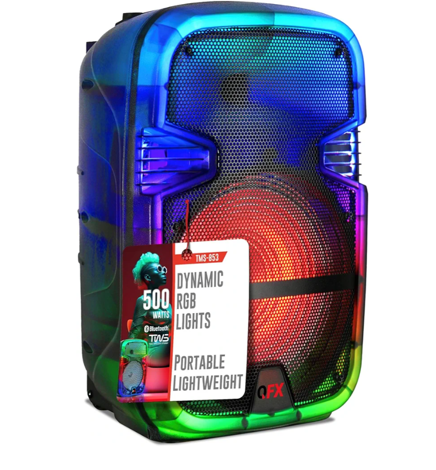 Crystal Clear Sound, Bright Party Lights, Portable & Easy to Use | 8" Rechargeable Bluetooth PA Karaoke Loud Party Speaker, 5Hour Playtime | TWS, USB, TF, AUX, FM Radio | QFX | TMS853