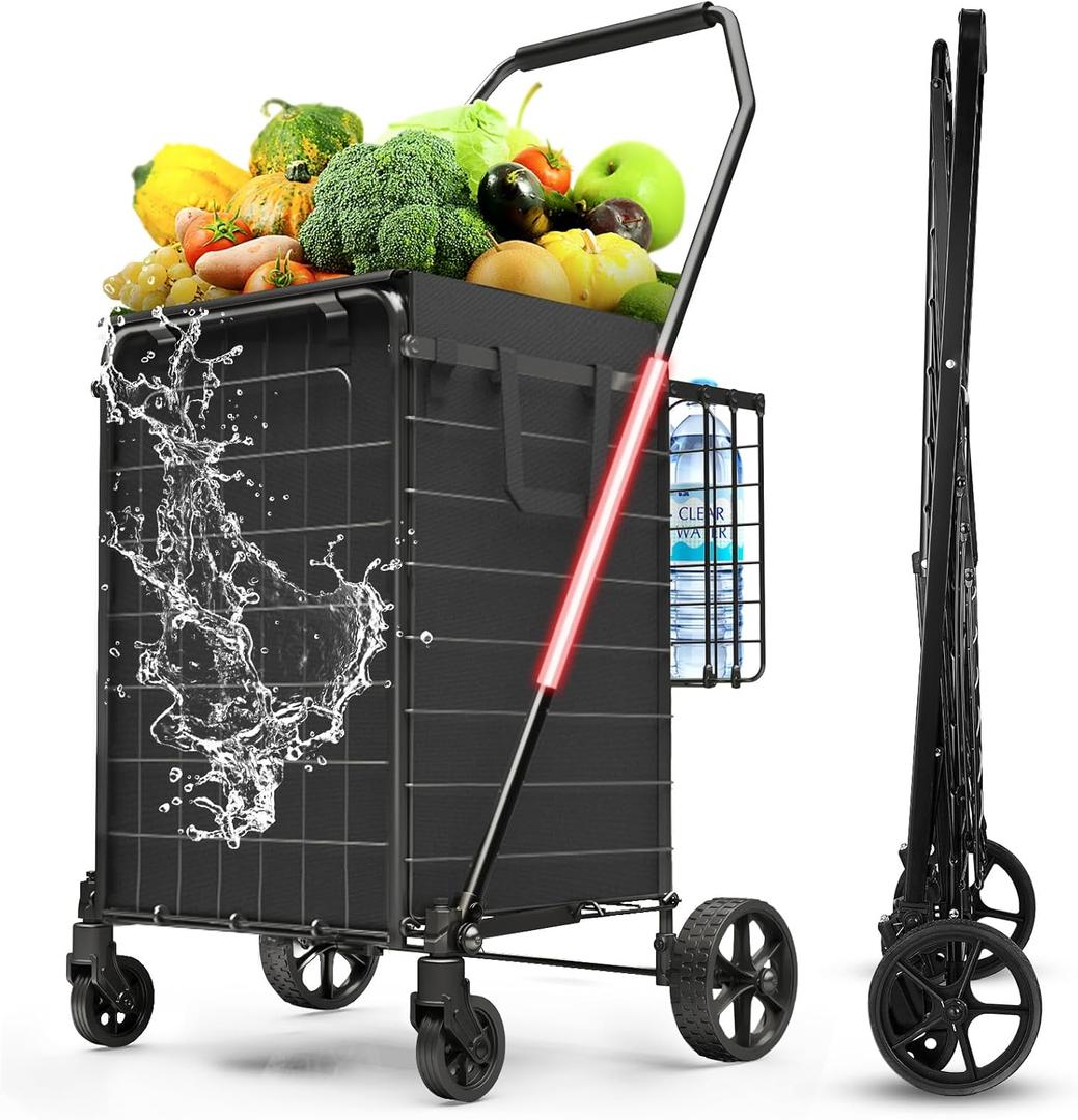 Folding Shopping Cart with 360 Rolling Swivel Wheels - Foldable Grocery Cart with Double Basket & Waterproof Liner, Portable Heavy Duty Utility Carts for Laundry (Large, Black Basic)