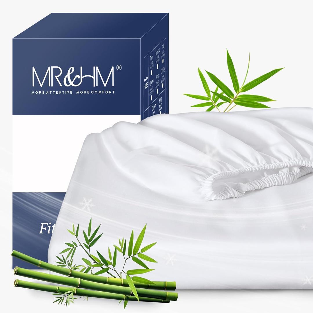 MR&HM King Fitted Sheet Only, Ultra-Soft Rayon Derived from Bamboo & Polyester Blend, Silky & Breathable, 15" Deep Pocket with Elastic Straps, Cooling Fitted Sheet for Hot Sleepers, White