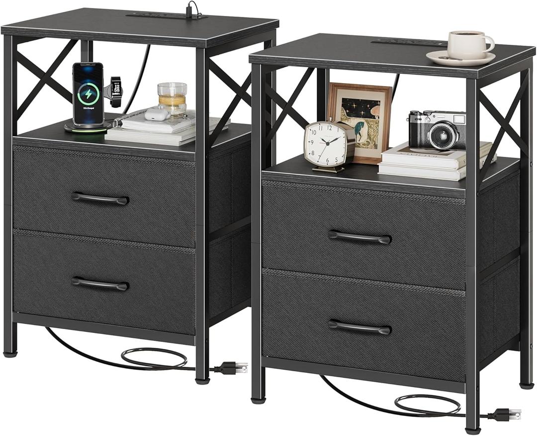 Huuger Nightstands Set of 2, Night Stand with Charger Station, 2 Drawer Side Table with Open Shelf, USB-C Port, End Table for Small Spaces, X Shaped Side Rail, Black