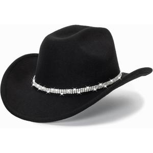 Glitter Silver Black Cowboy Hats for Women - Western Sparkly Rhinestone Cowgirl Hat for Ladies Size M-L (7-7 1/4, 3 Circles Diamand-black)