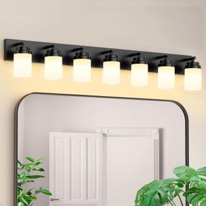 IZORRO Bathroom Vanity Light Fixture, 7-Light 52 inch Matte Black Bathroom Light Fixtures Over Mirror, with White Glass Shade, Modern Farmhouse Vanity Lights, Rustic Restroom Lighting Fixtures