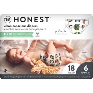 The Honest Company Comfort Dry Disposable Daytime Diapers for Sensitive Skin, Up to 100% Leakproof, Hypoallergenic, Fragrance Free, So Delish, Polybag, Size 6 (35+ lbs), 18 Count
