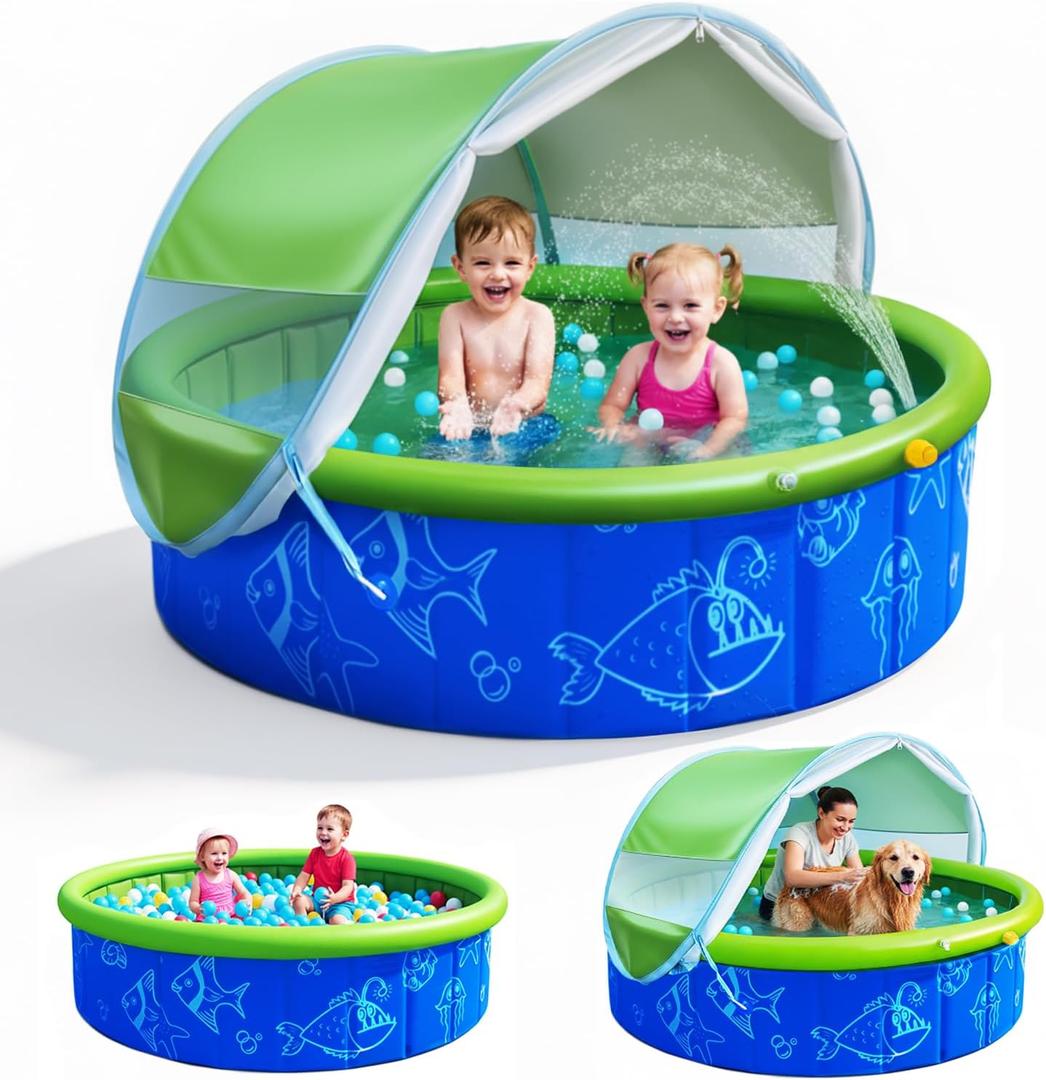 Foldable Kiddie Pool with Canopy and 20 Ocean Balls: 47in for Baby Toddler Kids- Summer Water Play Pool with Sprinkler and Shade - Portable for Outdoor Backyard Beach (Blue and Green)