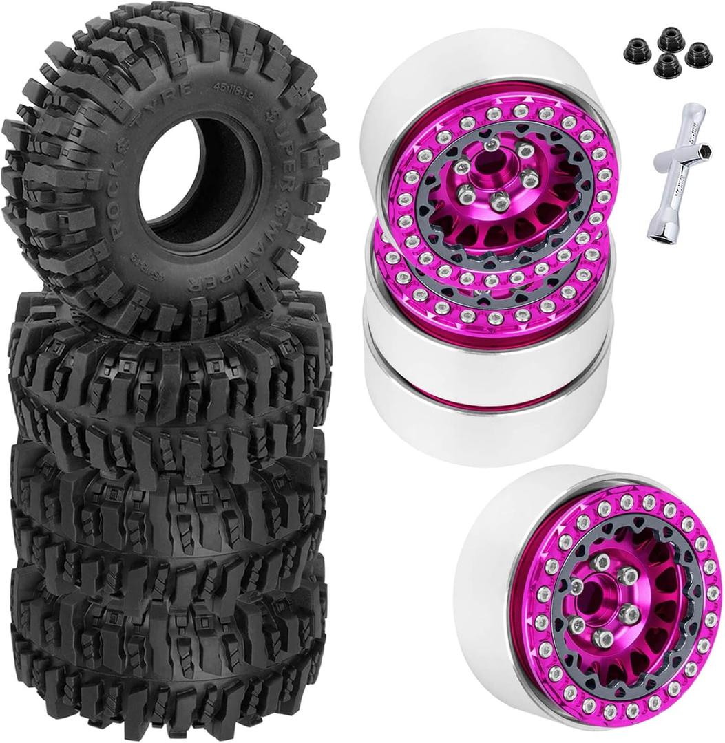 BRCatWPark RC 1.9 Beadlock Wheels and Tires for 1/ 10 REDACTED4 REDACTED6 SCX10 SCX10 II 90046 SCX10 III AXI03007 SCX10 Pro Gen7/ 8 D90 VS4-10 MST CFX RC Crawler Car, 4PCS Beadlock Rims 1.9 Wheel Tires, Pink