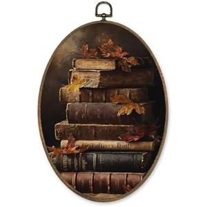 LKETW Dark Academia Fall Book Oval Wall Art Decor, Vintage Moody Bookish Oval Canvas Hanging Decor, Rustic Fall Autumn Decorations for Library Reading Nook Corner Room Gallery, 8.6x11.4 Inch Cat