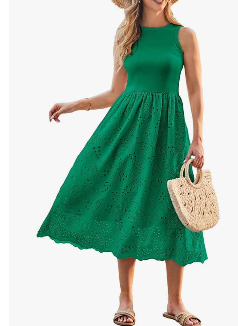 GRACE KARIN Women's Summer Sleeveless Tank Dress A Line Midi Dress Eyelet Crewneck Casual Holiday Dress with Pockets M