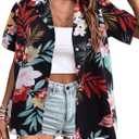 Hawaiian Shirts for Women Soft Cool Summer Hawaiian Shirt Floral Tropic Print Tees V Neck Button Up Short Sleeve Top (Black, L)