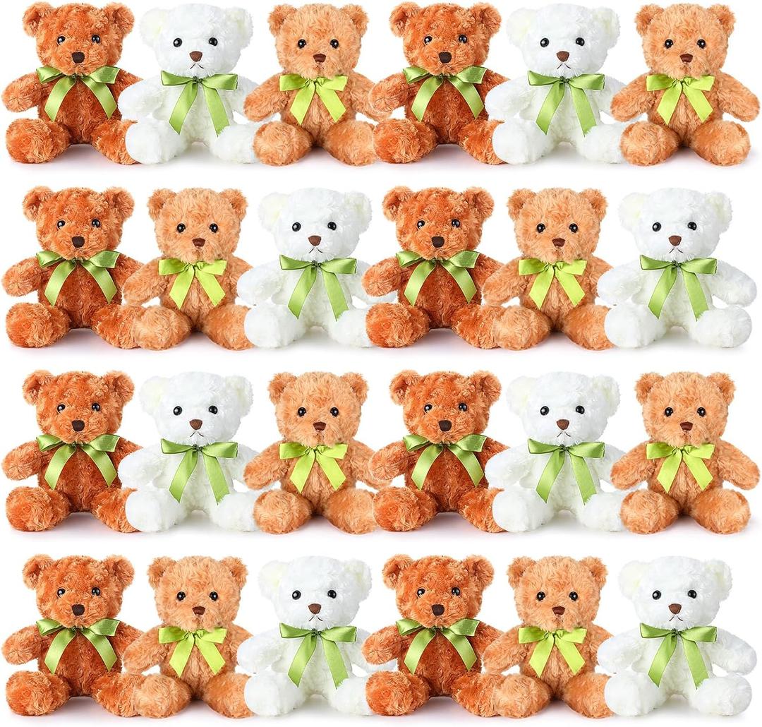 Hungdao 24 Pcs Bear Bulk Plush Stuffed Animals 10 Inch Cute Soft Stuffed Bear with Green Bow for Valentine's Day Wedding Baby Shower Birthday Party Gift Christmas(Dark Brown, Light Brown, White)