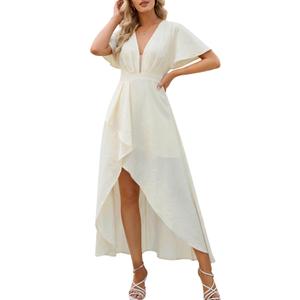 Womens Summer Short Sleeve V Neck Maxi Dress High Low Split Long Flowy Dresses Formal Cocktail Wedding Guest Dresses Beige (S)