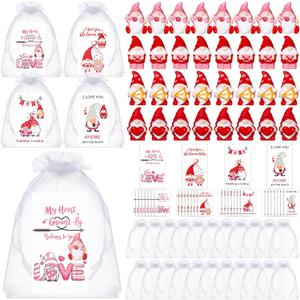 36 Set Valentine's Day Mini Gnomes Figurines Valentines Exchange Gifts Bulk Miniature Gnome Statues with Cards and Organza Bag Tiny Dwarf Figures to Hide for Classroom School Party Favor