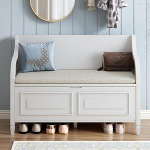 P PURLOVE 42 Inch Rustic Style Storage Bench with Safety Hinge,Solid Wood Entryway Multifunctional Storage Bench Shoe Bench with Removable Cushion for Living Room,Bedroom