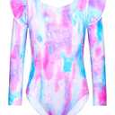 Tziharora Leotards for Girls 8-9 Years Old Long Sleeve Ruffle Gymnastics Bodysuits Pink Blue Scrawl Leos, 140